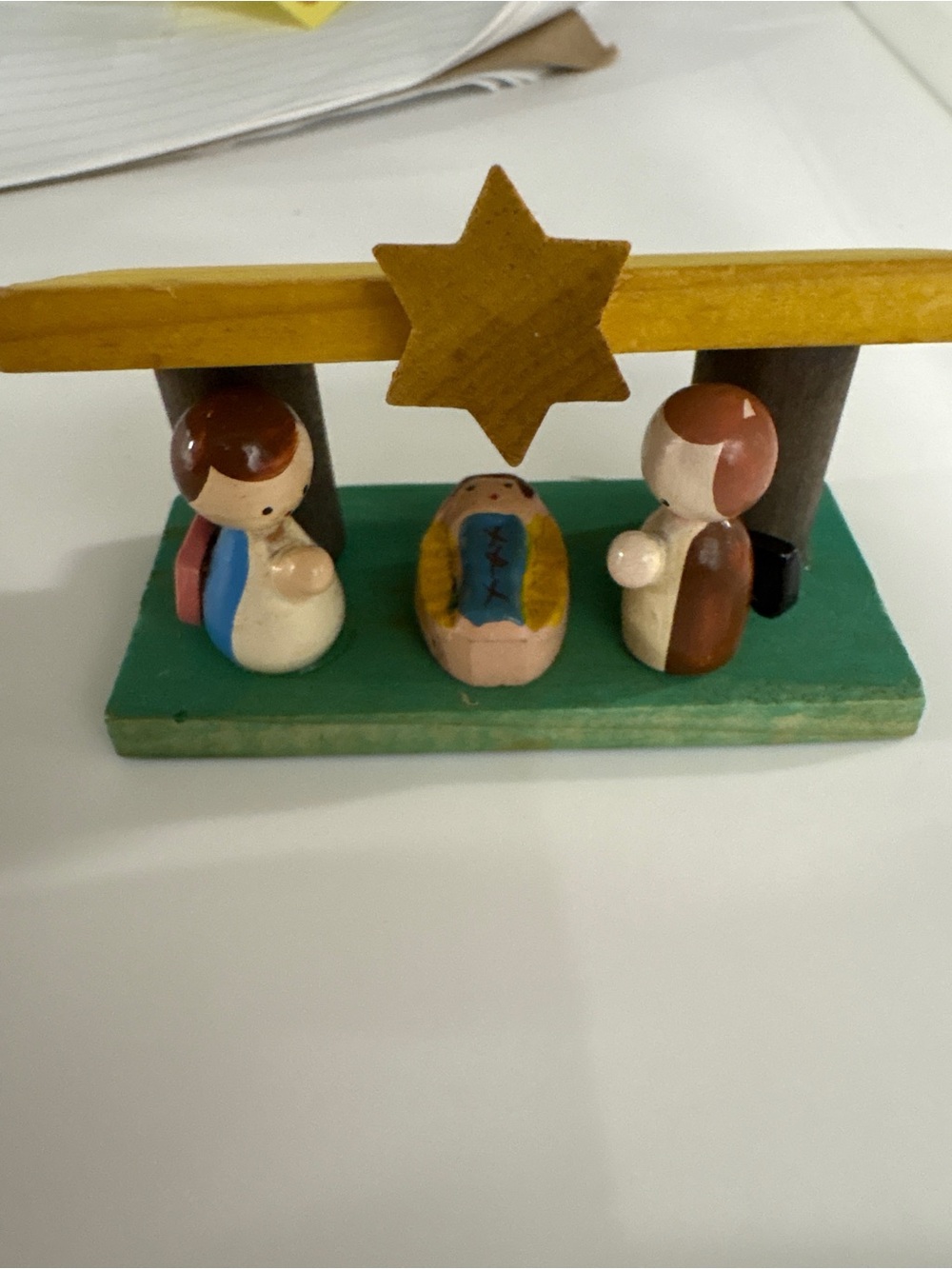 Vintage Italian Hand-Painted Wooden Nativity Set - Green and Yellow